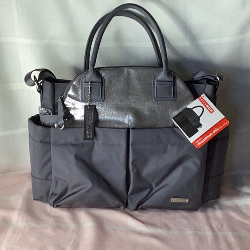 Skip Hop Chelsea Downtown Chic Gray and Silver Baby Diaper Bag
